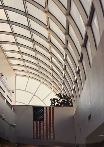 Liberty City Hall photo of a US Flag hanging from the old ceiling