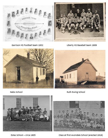 Clay County schools such as Garrison High School 1932, Liberty High School 1909, Nebo School, Ruth Ewing School, Estes School 1905, First Avendale School 1916